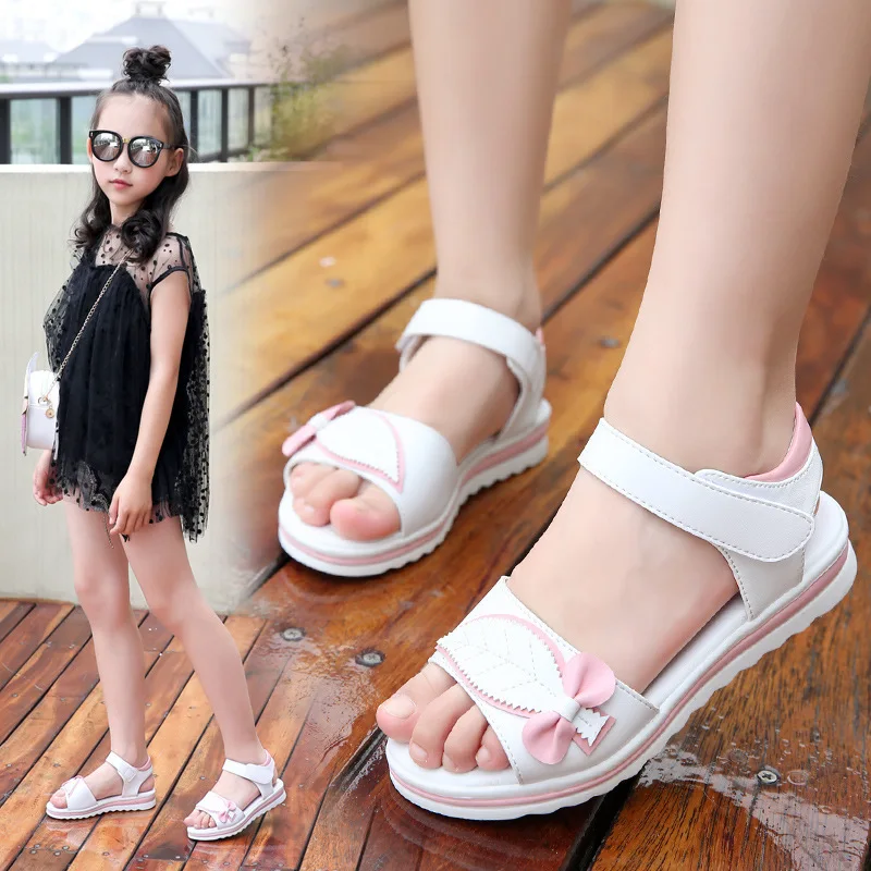

Summer kids beach sandals for girls 2019 cute princess leaves bow shoes students soft bottom pink and white size 27 -36