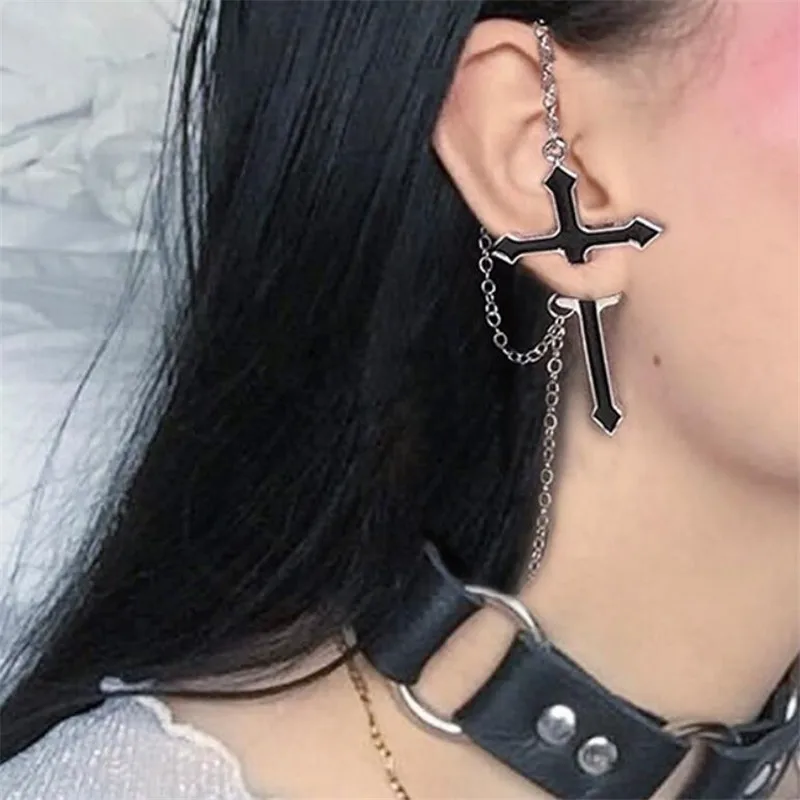 1PC European Style Fashion Vintage Long Chain Cross Zipper Drop Earrings for Men and Women Party Punk Jewelry Gift Brincos