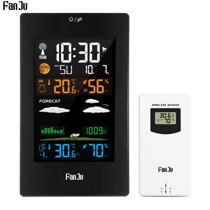 FanJu FJ3389 цветная метеостанция, беспроводной термометр, гигрометр, барометр, прогноз погоды, цифровой будильник, настенные часы, календарь