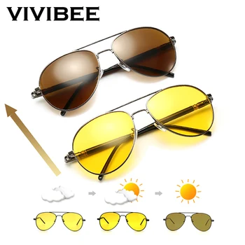 VIVIBEE Men Photochromic Night Vision Polarizing Sun Glasses Pilot Style Aluminum Women Polarized Driving Sunglasses Yellow 1