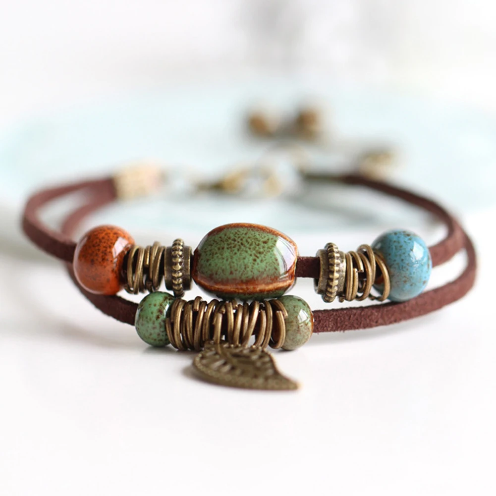 

Ceramic Bohemia Leaf Pendant Beads Vintage Adjustable Fabala Jewelry Wedding Women Bracelet Retro Party Bangles 5 Colors