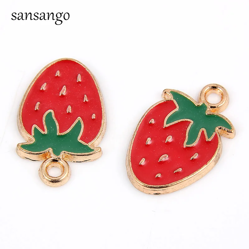 10pcs Fashion Gold Alloy Enamel Strawberry Fruit Charms Pendant Beads
