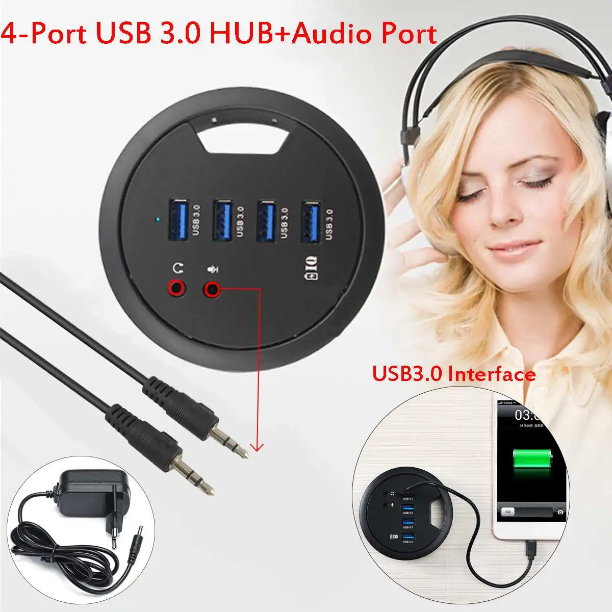 

4 Port USB 3.0 HUB Adapter Phone Device Charging Mount In Desk External Stereo Sound Adapter Office Combo Transfers Data EU Plug