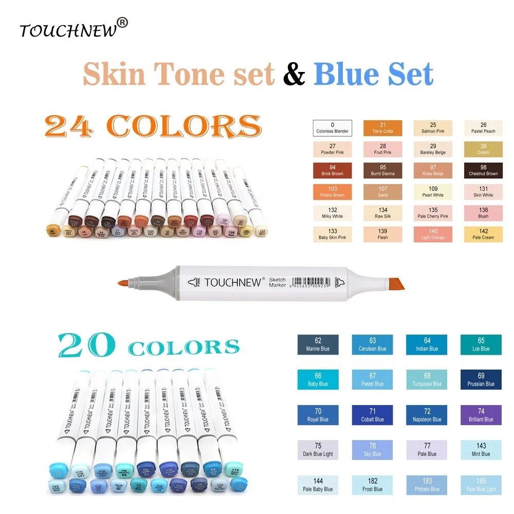 24/20Colors TOUCHNew Skin Tone Marker Blue Set Sketch Alcohol Markers Pen for Drawing Portrait Animation Blue Colors Sea