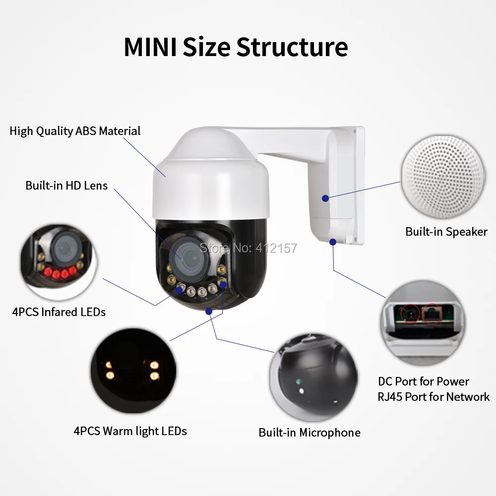 Mini 5MP PTZ Speed Dome IP Camera 1080P POE Outdoor 4X Zoom Dual Light Starlight Color Night Vision