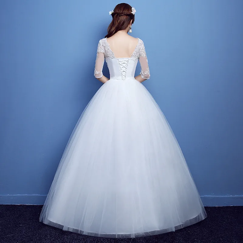 US $43.32 Vestidos De Novias White Ball Gown Wedding Dress Elegant V Neck Half Sleeve Appliques Beaded Lace Bridal Gowns Robe De Mariee