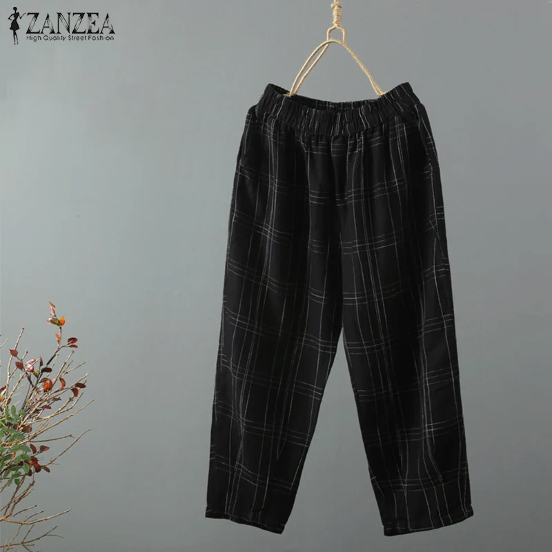 

England Style Check Pants ZANZEA 2019 Women Pantalon Female Elastic Waist Trousers Spring Casual Plaid Palazzo Pants Plus Size