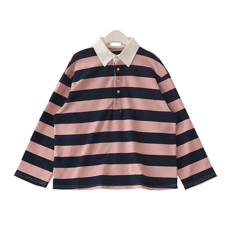 

2019 Spring New Korean Retro Women T-Shirt Lapel Striped Women Long Sleeve Loose T-Shirt Casual Girl Student Top Tees