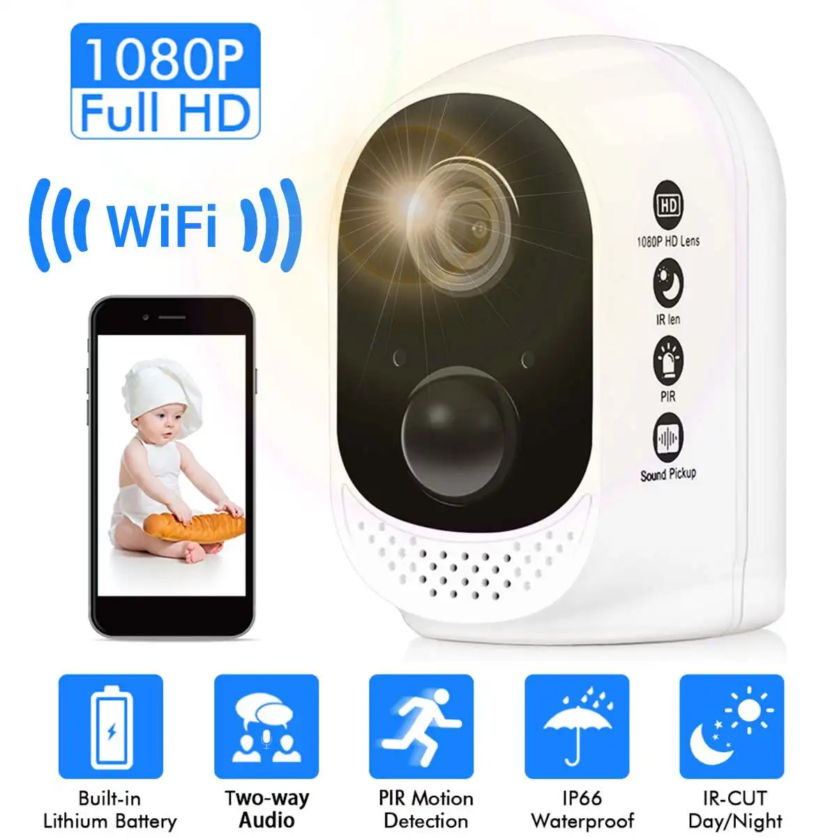 

HD 1080P Battery Power Webcam WiFi IP Camera Babysitter Wireless PIR Detection Alarm CCTV Home Security Cam Waterproof
