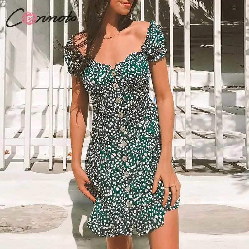 

Conmoto Green Leopard Print Vintage Party Women Dress Summer Beach 2019 Dress Square Collar Button Straight Dresses Vestidos