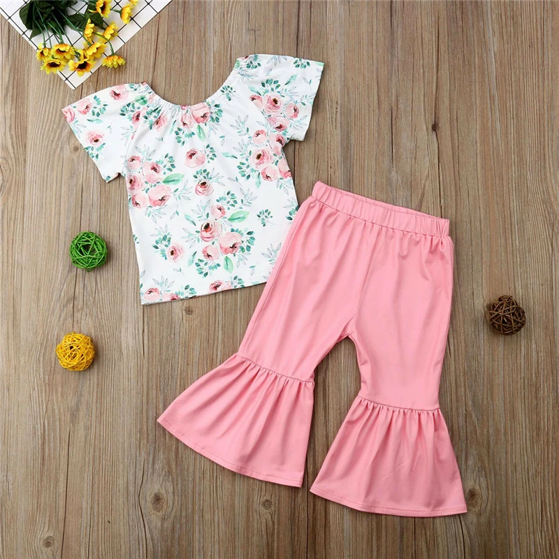 

2Pcs Girls Clothes Short Sleeve Floral Print Short Tops&Pink Wide Pants Toddler Girl Clothes Outfits Summer Girlymax Set 6M-4Y