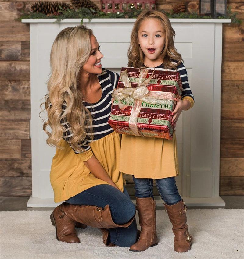 

Fashion Family Long Sleeve Splicing Striped Blouse Top Mother Daughter Patchwork Clothes