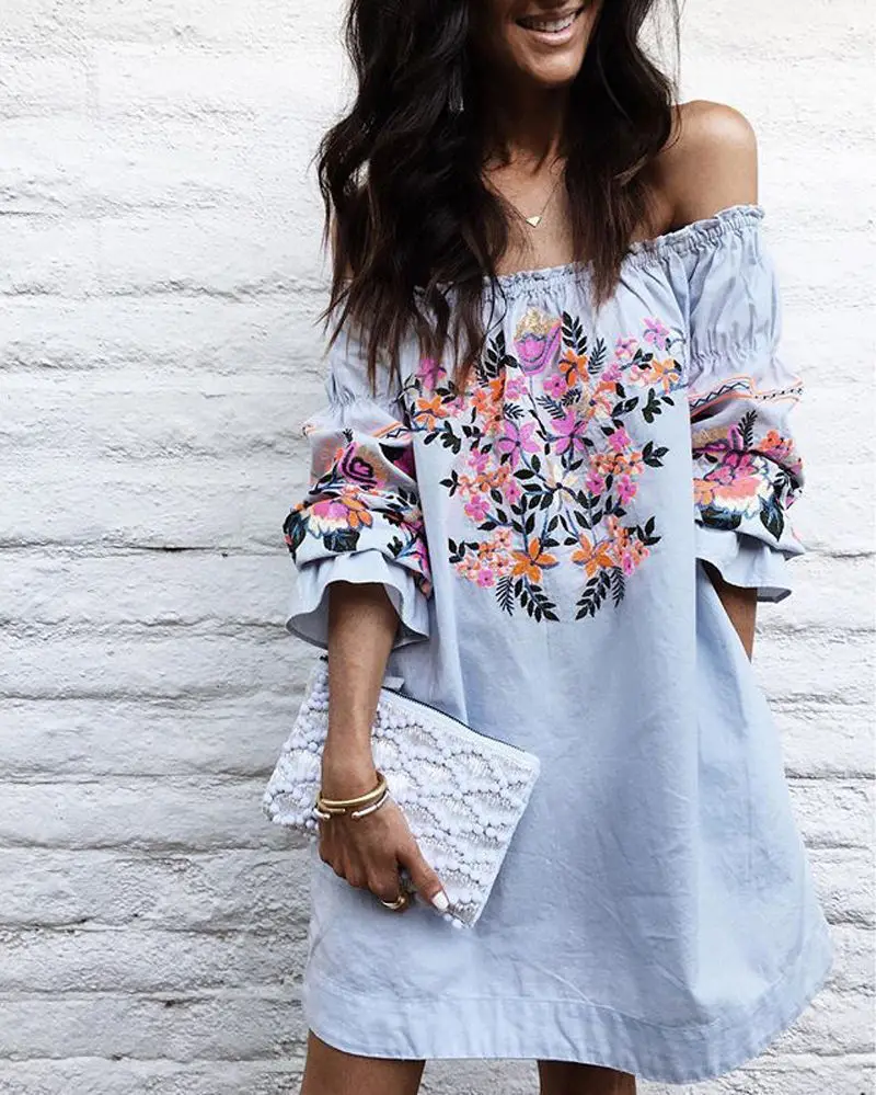 

Stylish Women clothes Off Shoulder Casual Ladies Loose three quarters sleeve cotton Summer Floral print Dresses one pieces