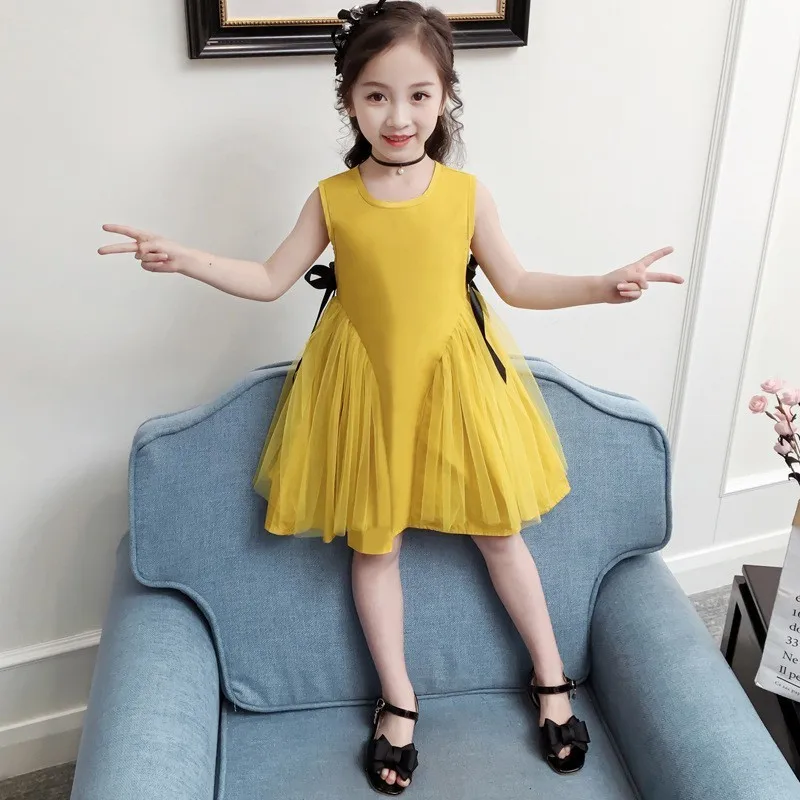 

bow baby girl dress summer clothes a line 2019 mesh patchwork big girls dresses children party yellow teen kids clothing casual