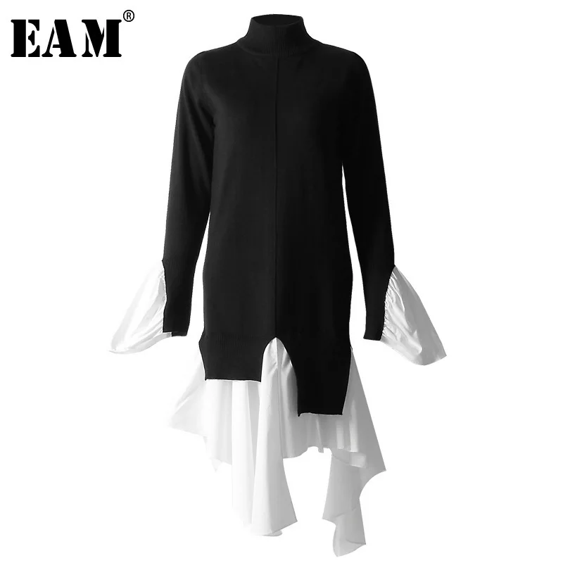 

[EAM] 2019 New Autumn Winter High Collar Long Sleeve Black Hem Pleaed Irregular Knitting Stitch Dress Women Fashion TideJO003
