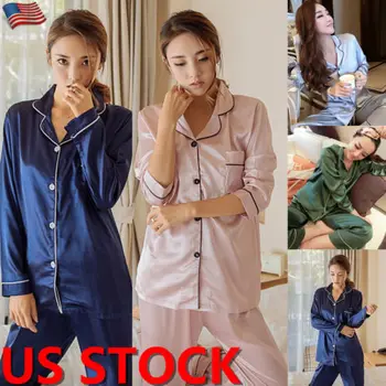 

US Women Satin Silk Pajamas Set Long Sleeve Shirt Tops Long Pants Set Sleepwear