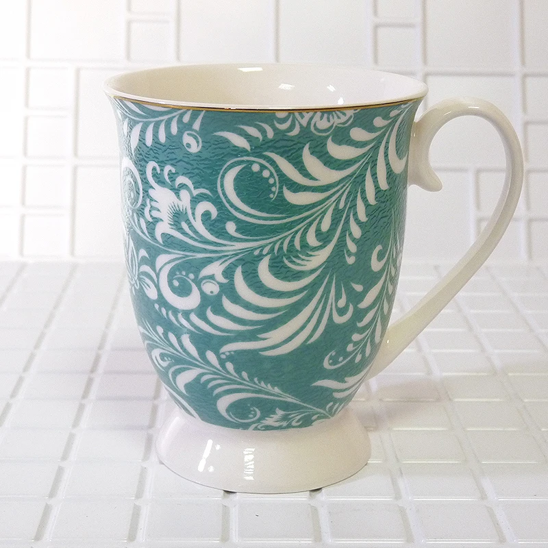 

High quality bone china self stirring coffee mug Green white pattern 325ml Birthday Holiday Gift