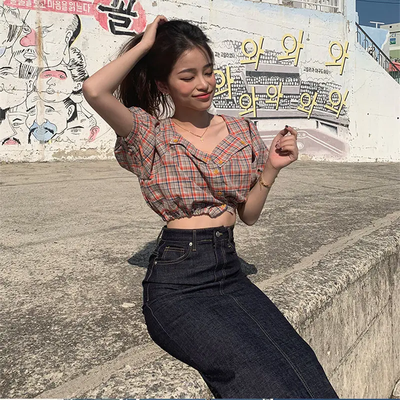 

sexy short plaid crop top lace-up yellow plaid shirt Summer femme Women short sleeve Linen Cotton Girls Blouse Women Blouses Top