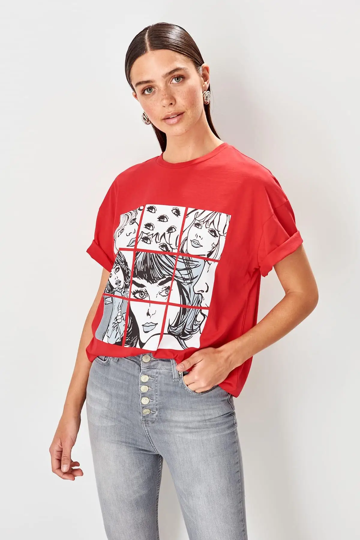 Trendyol Красный Печатных бойфренд вязаная футболка TWOSS19GS0106|Футболки| | АлиЭкспресс