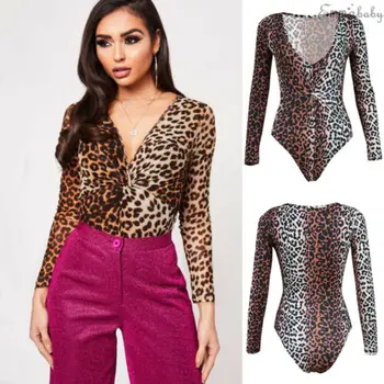 

UK Newest Women V Neck Bodysuit Leopard Print Long Sleeve Jumpsuit Top Leotard Sexy Ladies Clothes