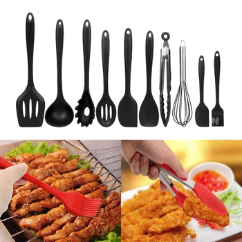 

Egg Beater Spoon Spatula Colander Oil Brush Tongs Food Grade Silicone Cooking Tool Sets Pasta Tool 10Pcs/Set