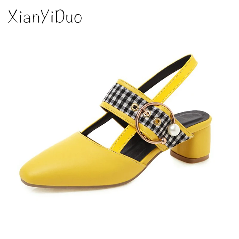 

xianyiduo 2019 new summer Patent Leather Womens shoes mid Heels Block sandals Square Toe plus Size 33-48 Yellow White Casual/h95
