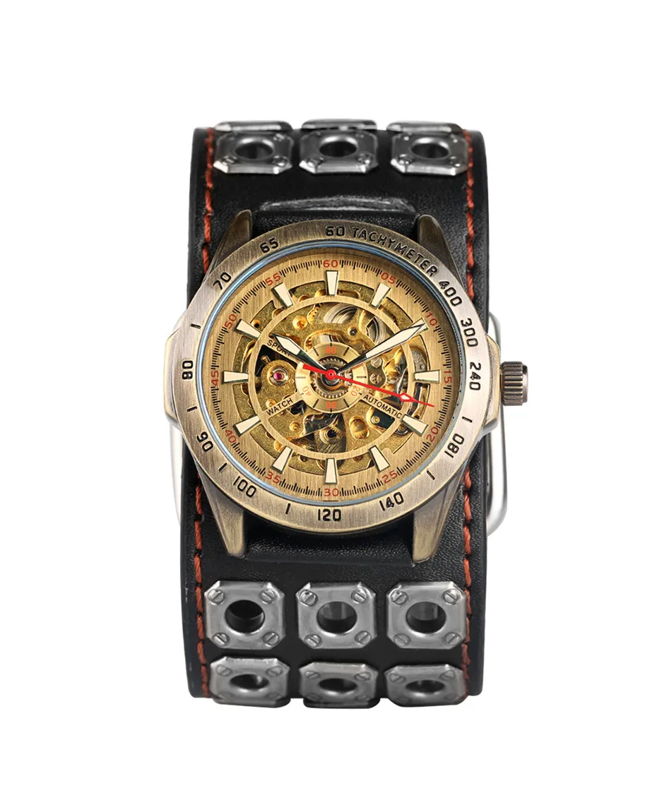 

Steampunk Leather Men's Watch Automatic Self Winding Mechanical Watches Fashion Mens Wristwatch Best Punk Timepiece Clock Male