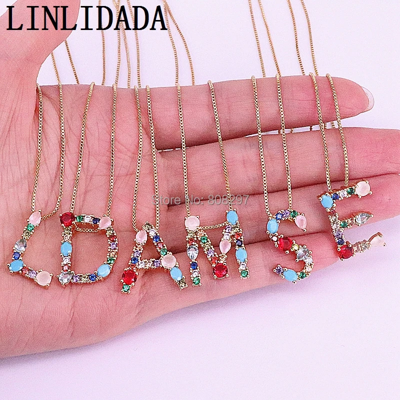 

10Pcs Gold Color Copper Micro Pave Multicolor Cubic Zirconia 26 Initials Letter Pendant Necklaces Women's Fashion CZ Jewelry