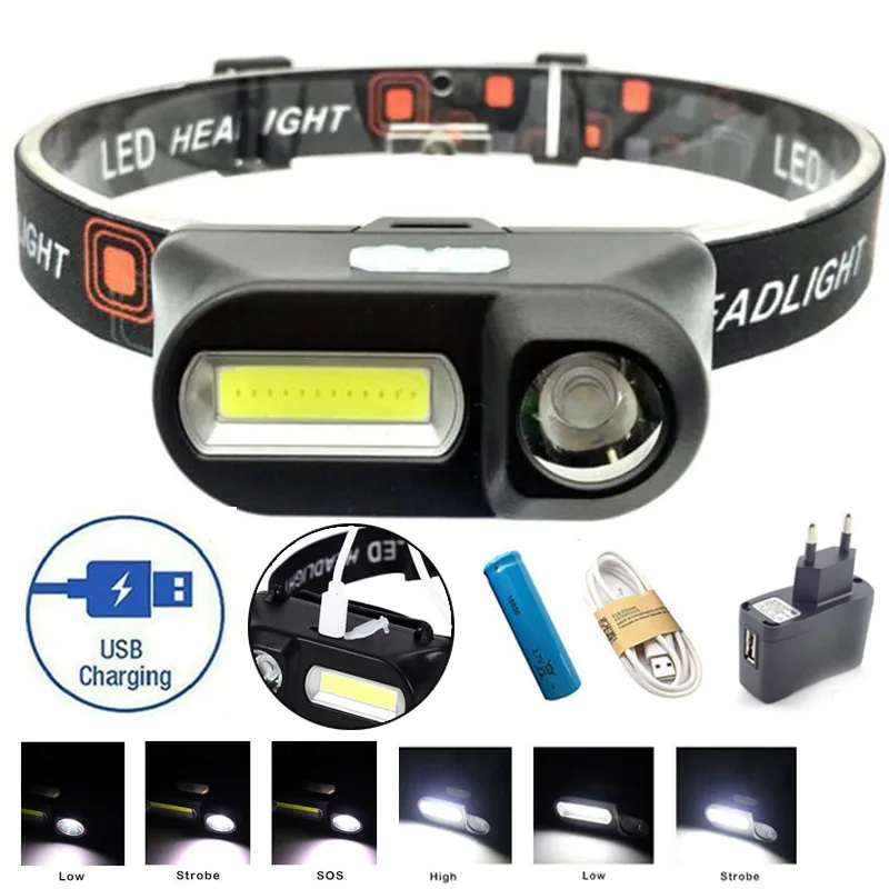 

USB rechargeable headlamp head light Torch bright Lighting 2 LED COB XPE hoofdlamp high powerful 6 Modes Lamp running Camping