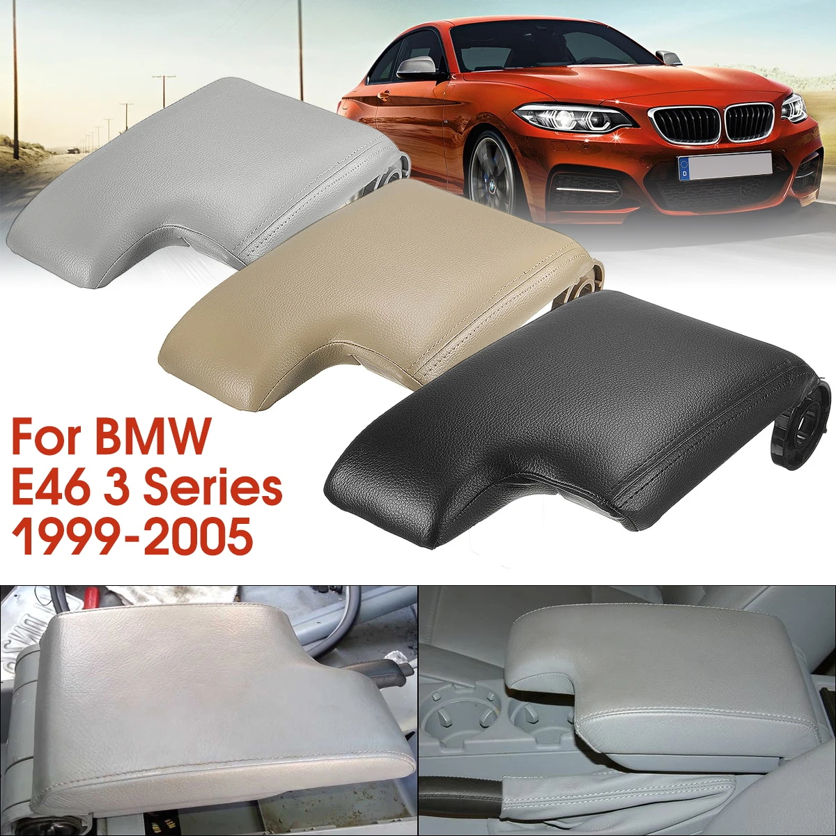 

New Leather Armrest Cover w/ Plastic Plate for BMW E46 3 Series 1999-2005 Left Hand Drive Black/Grey/Beige