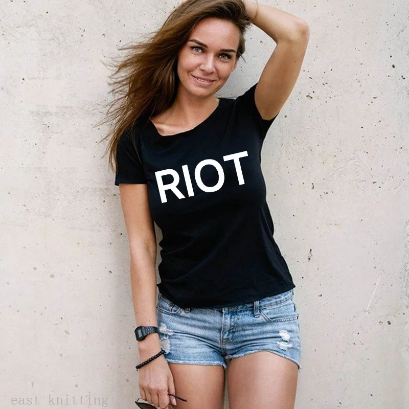 

2019 summer fashion loose printed RIOT English words and short sleeve