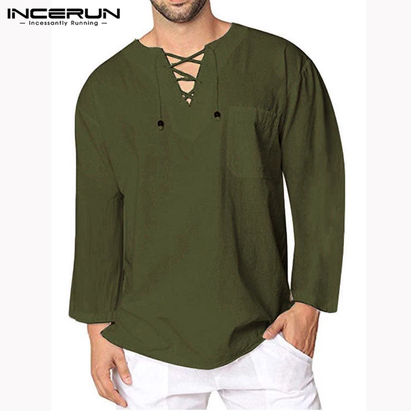 Streetwear Mens Shirts Bandage Lace Up V Neck Long Sleeve Tee Camisa Chemise Hombre Medieval Renaissance Fashion Men Clothing