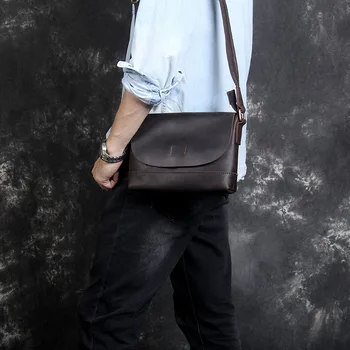 

Men's Vintage crazy horse leather messenger bag Genuine leather shoulder bag iPad Thick Cow leather school bag magnetic flap