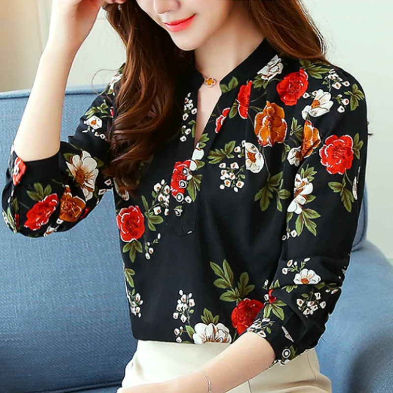 

fashion print chiffon blouse shirt v collar office work wear blouse long sleeve women shirts womens tops and blouses blusas A797