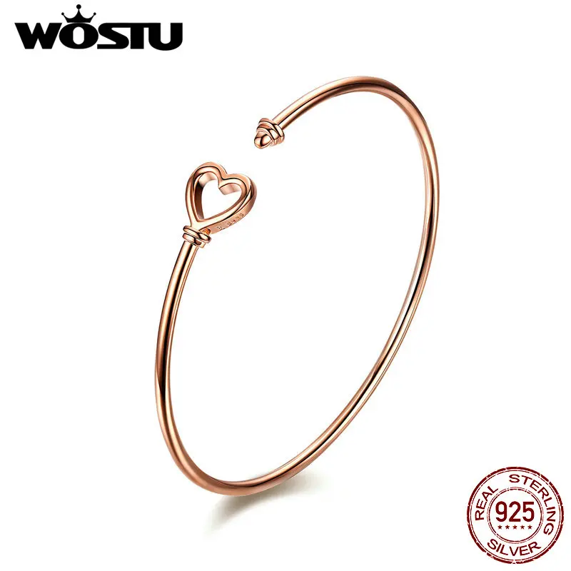 

WOSTU Rose Gold Heart Bracelets 925 Sterling Silver Heartlock Open Bangles For Women Wedding Engagement Love Gift Jewelry CQB130