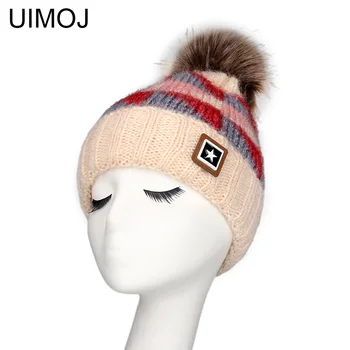 

UIMOJ 5Star Logo Winter Knitted Woman Cap Casual Skullies Beanies with Pom Pom Female Hats