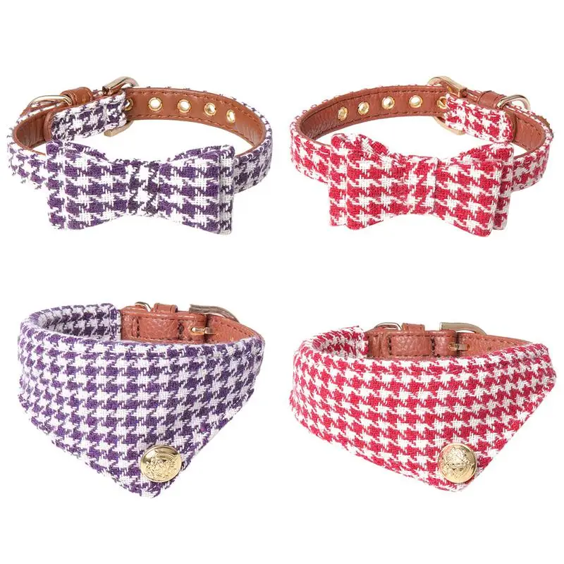 

Fashion Pet Collar British Style Lattice Bow PU Material Adjustable Buckle Dog Collar Small Pet Ornament Accessories Supplies