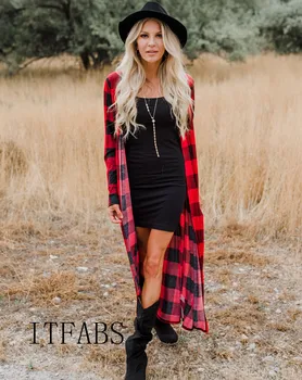 

Women Autumn Long Sleeve Open Stitch Long Coats Ladies Casual Loose Plaid Maxi Cardigans Outwear Tops