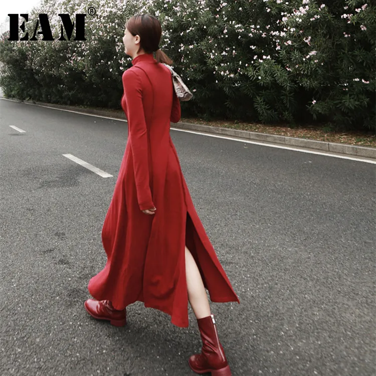 

[EAM] 2019 New Spring Stand Collar Long Sleeve Black Hem Vent Looe Irregular Line Split Joint Dress Women Fashion Tide JL868