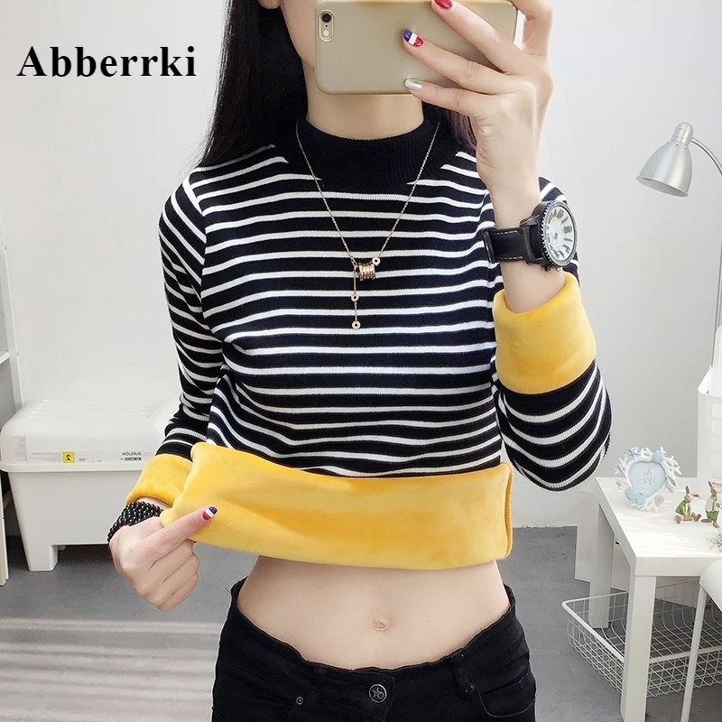 

Winter Thick Warm Fleece Sweater Women Long Sleeve Turtleneck Striped Sweater Short Knitted Jumper & Pullover