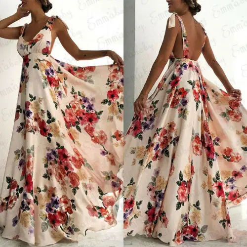 

2019 Fashion Women Summer Boho Long Maxi Backless V Neck Dress Evening Party Beach Dresses Sundress