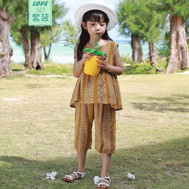 

simple chinese style print 2pcs sets age for 1 - 6 yrs little girls yellow vintage sleeveless outfits child summer beach clothes