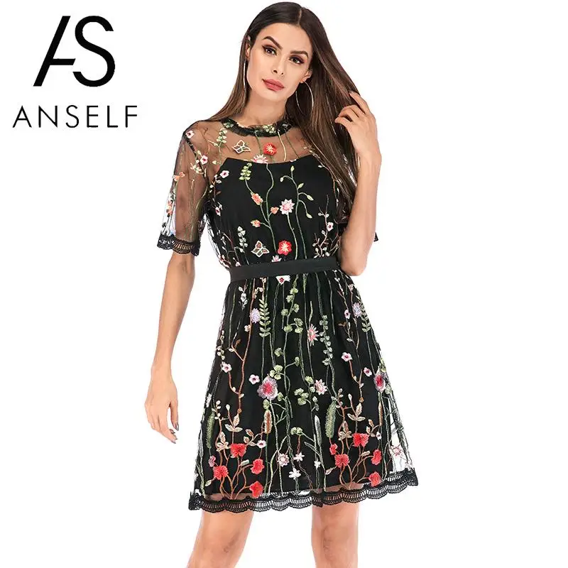 

Anself Sexy Women Mini Dress Floral Embroidery Sheer Mesh Short Sleeve Summer Dress O Neck See Through Elegant Party Dress