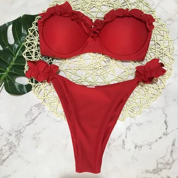 Strapless Ruffled Bikini in Solid and Leopard Print 6