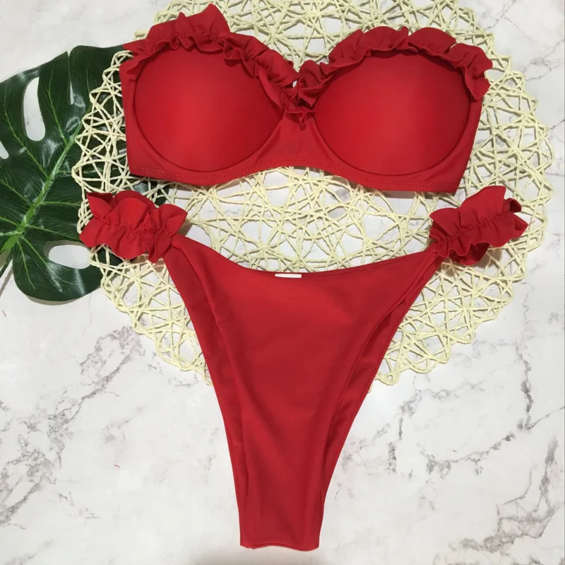 Conjunto de Bikini Push Up acolchado con aros de flores y volantes traje de baño para mujer Sexy sólido Bandeau traje de baño femenino 2018 verano Biquini