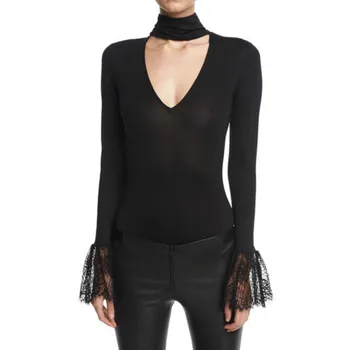 

Women Lace Patchwork Bodysuits Long Sleeve Turtleneck Bodycon Sexy Erotic Bodysuit Tops
