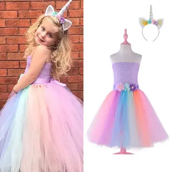 

2019 2Pcs Kid Baby Girl Unicorn Bridesmaid Party Formal Sleeveless Off Shoulder Summer Tulle Tutu Formal Dress