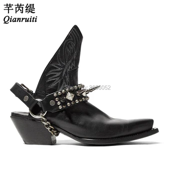 

Qianruiti Embroidery Cowboy Shoes Chain Spike Studded Botas Pointed Toe Stacked Cuban Heel Black Leather Slingback Ankle Boots