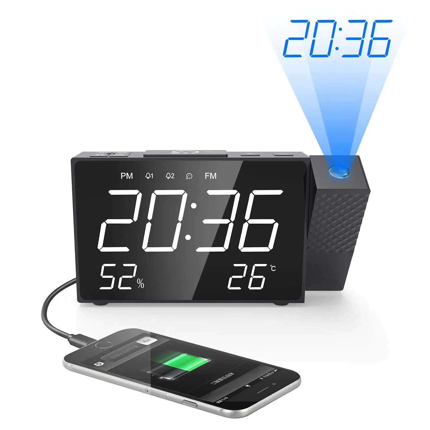 

Projection Alarm Clock Digital FM Radio Dual Alarm Volume Snooze Time Humidity Temperature DisPlay Desk Projector Digital Clock