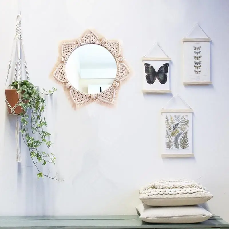 1 pieza Beige redondo bohemio espejo macramé cuerda de algodón hecho a mano hogar colgante pared espejo Decoración elegante espejos de pared